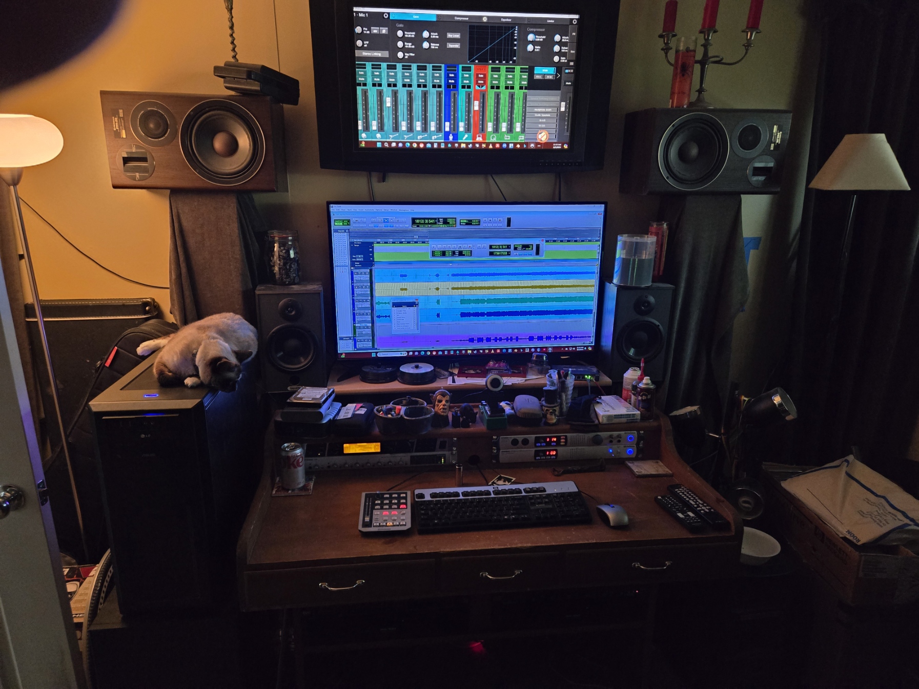 Front view of the Emphatic Audio control room with Pro Tools session