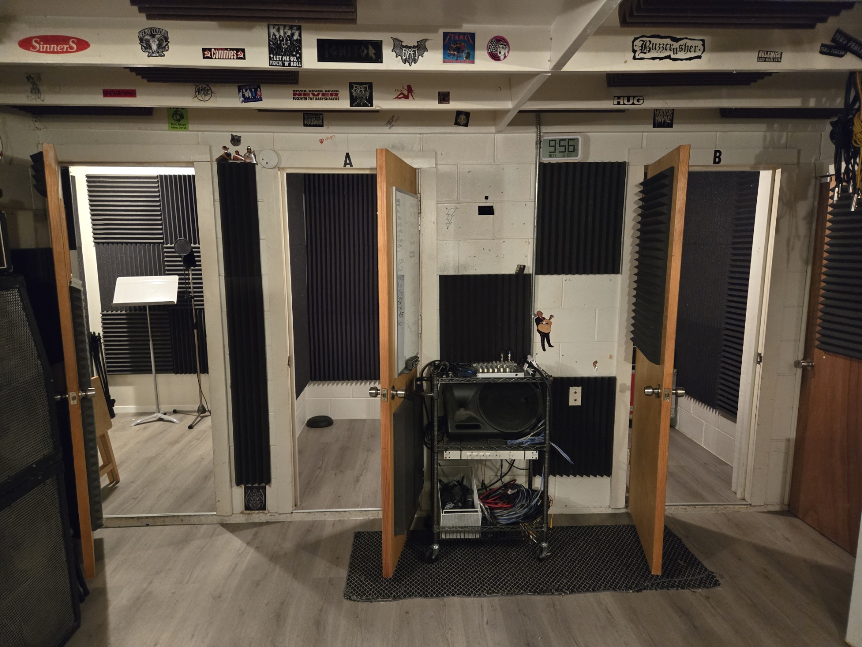 View of multiple iso room doors in the live room