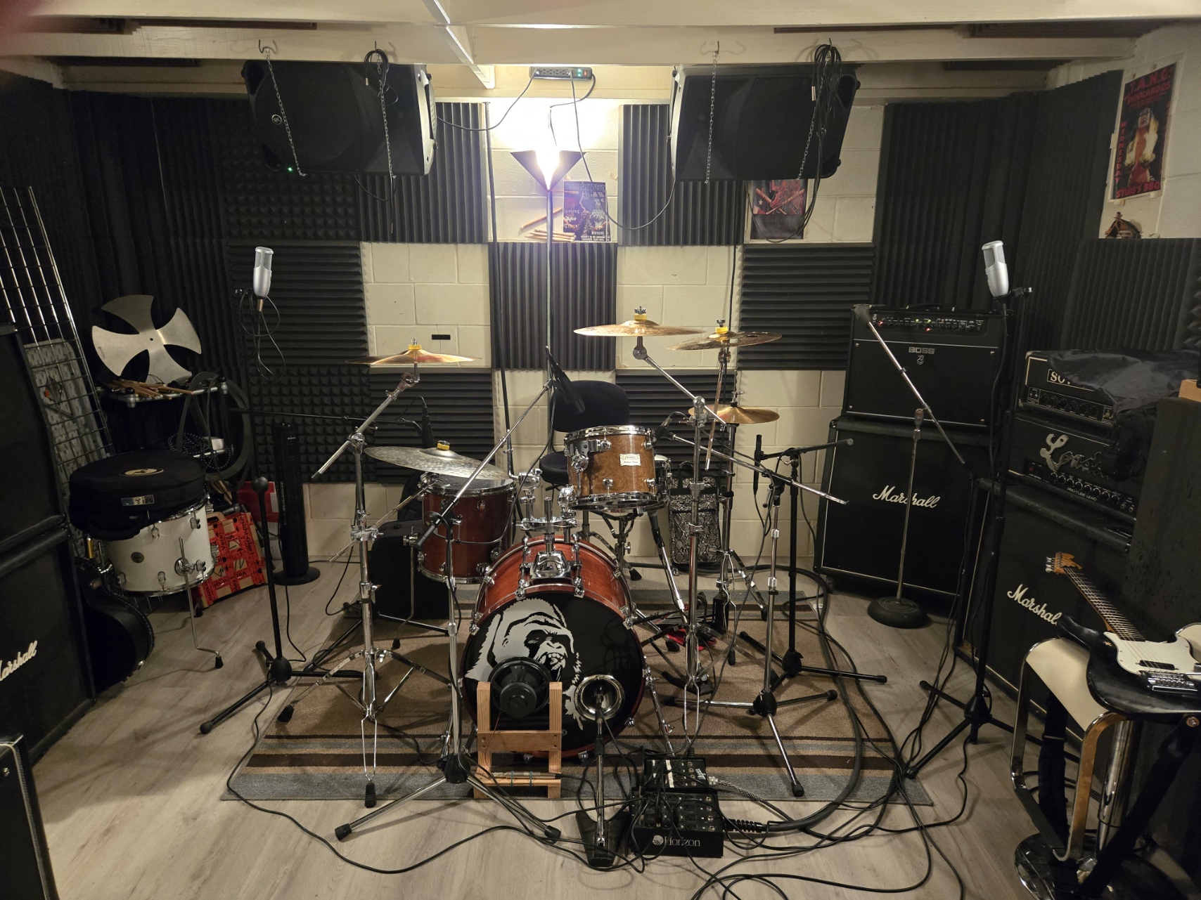 Drum kit fully mic'd up in the live room